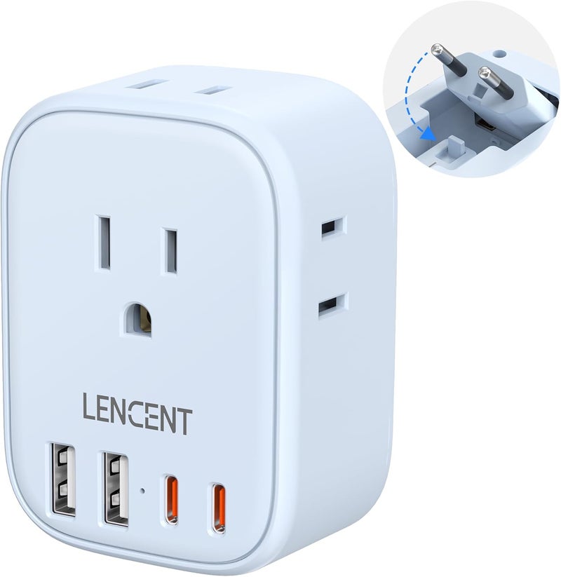 Lencent European Travel Plug Adapter, US to Europe Type-C Foldable Power Plug with 4 Outlets 4 USB Ports (2 USB C), Power Adaptor for USA to EU Euro Iceland Spain Italy France Germany Greece, Blue - Image 1